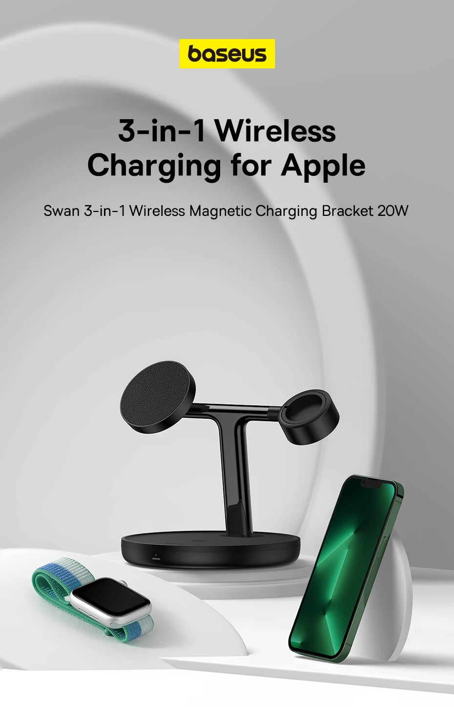 3-in-1 20W Magnetic Wireless Charger – Fast Charge for iPhone, AirPods & Apple Watching Station Holder